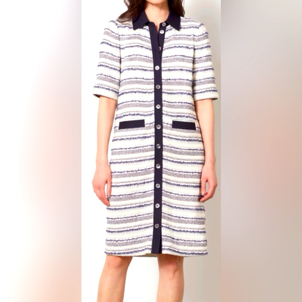 Per Se By Carlisle Blue & White Striped Midi Button Up Dress Size 2 Preppy
